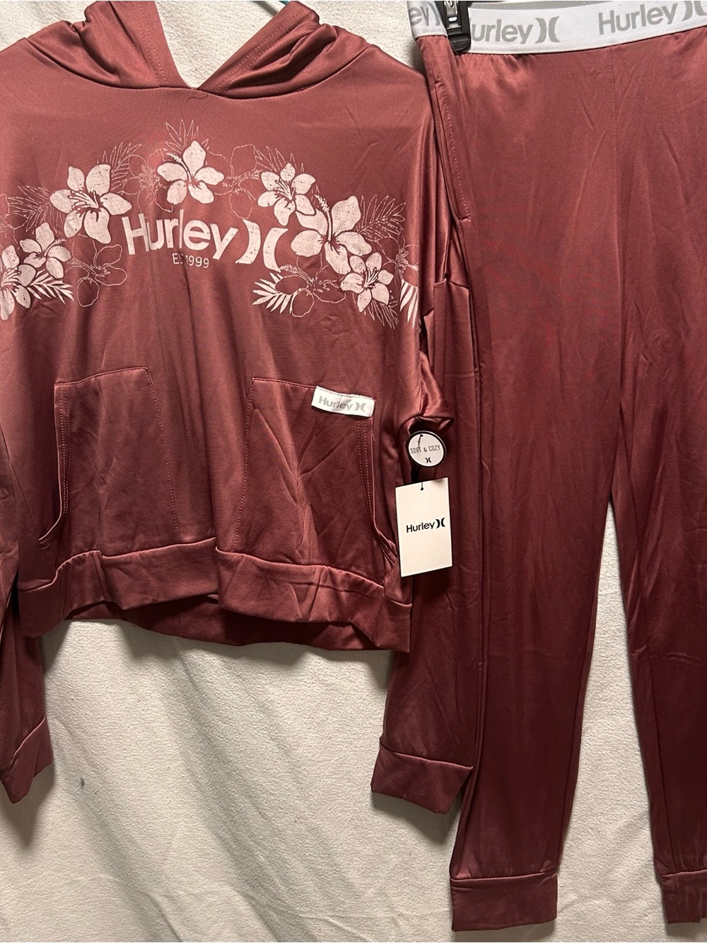 Hurley Rose-Toned Floral Logo Hoodie and Joggers Set